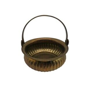 Vintage Small Solid Brass Basket Cauldron Planter Handle Ribbed Fluted MCM 1970s